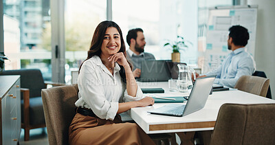 Buy stock photo Portrait, employee and woman with laptop, meeting or financial analyst with smile for career growth. Happy, person and confident for wealth management with tech, online and investment on website