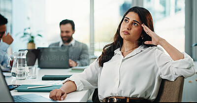 Buy stock photo Business, woman or thinking with laptop in meeting for market insight, risk management or planning. Corporate, fund manager and tech with ideas in office for investment decision and problem solving