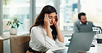 Frustrated, businesswoman or headache in office with laptop for debt risk, financial crisis or problem. Exhausted person, migraine and computer with liquidation issue, bankruptcy notice or coworking.
