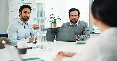 Buy stock photo Business people, discussion and review at office meeting with team, insight or decision at finance company. Group, staff and planning with strategy, asset management and feedback at investment agency