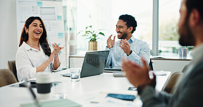 Buy stock photo Happy, business people or applause with team, meeting or congratulations for winning or success. Excited, group or employees clapping with laptop for good news or achievement together in workplace