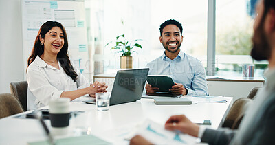 Buy stock photo Meeting, laptop and planning with business people in office for research, project schedule and team. Proposal feedback, collaboration and online progress report with employees in agency for tablet