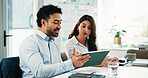 Talking, tablet and business people in office for finance review, discussion and budget planning. Teamwork, corporate and woman with man on digital tech, website and research for financial report