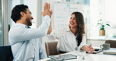 Buy stock photo Happy, business people and success with high five for teamwork, achievement or job well done. Businessman, woman or employees with smile for winning, achievement or accomplishment in workplace