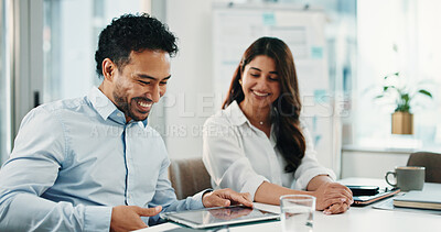 Buy stock photo Review, smile or people in office with tablet, investment opportunity or collaboration in progress report. Happy, team or analyst in agency with tech, discussion or revenue growth in budget update.
