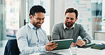 Meeting, tablet and business men in office for finance review, discussion and budget planning. Teamwork, corporate and workers on digital tech for research, website and proposal for financial report