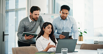 Buy stock photo Laptop, team and business people with conversation in office, insurance proposal or problem solving. Technology, planning and group meeting for idea discussion, risk management and policy coverage