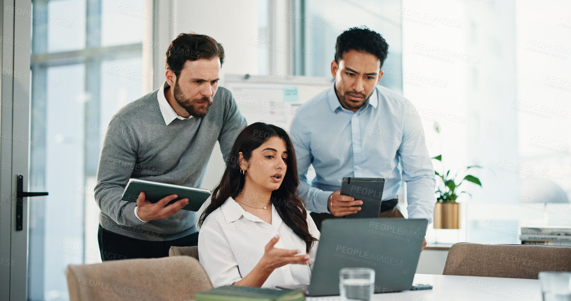Buy stock photo Laptop, team and business people with conversation in office, insurance proposal or problem solving. Technology, planning and group meeting for idea discussion, risk management and policy coverage
