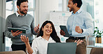 Happy, business people and winning with team, laptop or good news for promotion or done project. Excited, group or employees with smile, computer or technology for corporate success or completion