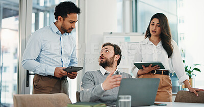 Buy stock photo Laptop, team and business people in office for discussion, insurance proposal or conversation. Technology, planning and group meeting for idea, risk management and problem solving for policy coverage