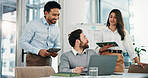 Laptop, group and business people with discussion, meeting or insurance proposal in office. Tech, planning and happy team with project idea, risk management and problem solving for policy coverage