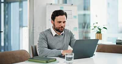 Buy stock photo Planning, laptop and research with business man in office for assets, account report and typing. Portfolio manager, broker review and online with person in agency for risk assessment and reading