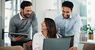Buy stock photo Meeting, team and laptop with business people in office for research, project schedule and planning. Proposal feedback, collaboration and progress report with employees in agency for advice
