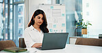 Typing, laptop and research with business woman in office for assets, account report and planning. Portfolio manager, broker review and online with person in agency for risk assessment and reading