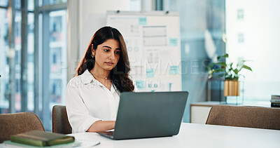 Buy stock photo Typing, laptop and research with business woman in office for assets, account report and planning. Portfolio manager, broker review and online with person in agency for risk assessment and reading