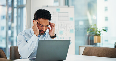 Buy stock photo Tired, businessman or headache in office with laptop for bad news, financial crisis or investment fail. Person, migraine and computer with liquidation problem, bankruptcy notice or company debt risk.