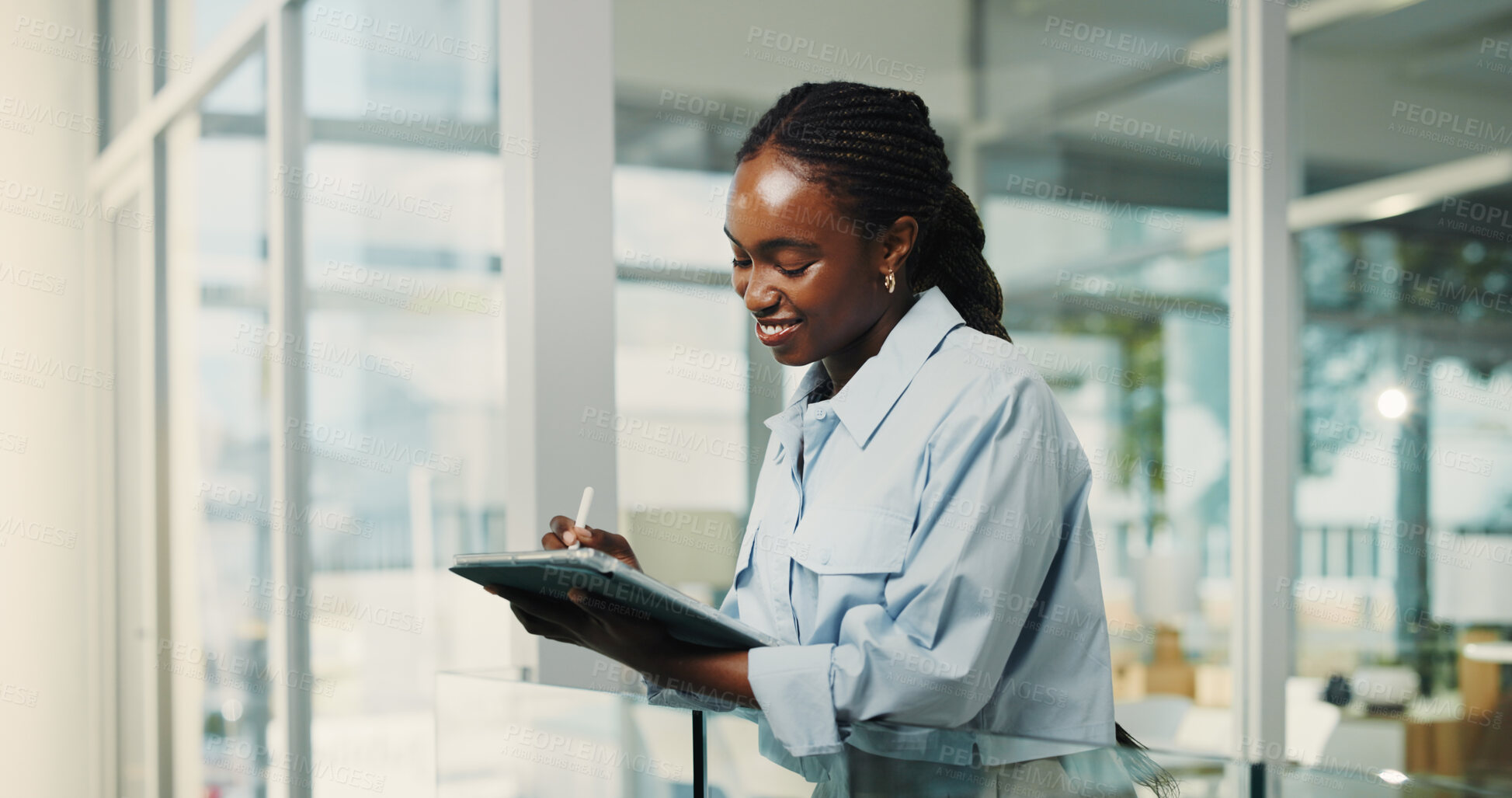 Buy stock photo Creative, black woman and stylus with tablet in office for research, editing article and update draft. Journalist, digital and smile for breaking news, proofreading and confirm story for publication