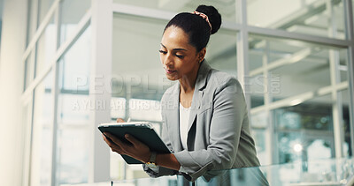 Buy stock photo Creative, woman and stylus with tablet in office for research, editing article and update draft. Journalist, writing and digital for breaking news, proofreading and confirm submission for publication