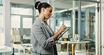 Woman, writing and stylus with tablet in office for research, editing article and update draft. Journalist, digital and browsing for breaking news, proofreading and confirm submission for publication