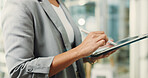 Hands, person and stylus with tablet in office for research, editing article and update draft. Journalist, writing and digital for breaking news, proofreading and confirm submission for publication