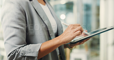 Buy stock photo Hands, person and stylus with tablet in office for research, editing article and update draft. Journalist, writing and digital for breaking news, proofreading and confirm submission for publication