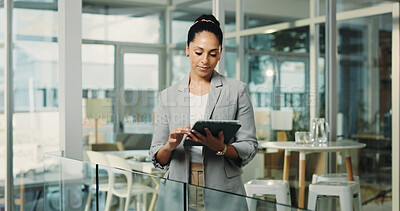 Buy stock photo Business, woman and reading with tablet in lobby for research, editing article and update draft. Journalist, review and digital with breaking news, proofreading and confirm submission for publication