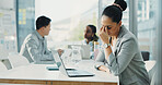 Tired, businesswoman or migraine in office with laptop for financial crisis, issue or problem solving. Exhausted, female person and coworking with headache from finance challenge, bankruptcy or risk.
