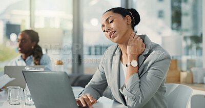 Buy stock photo Tired, businesswoman or neck pain in office with laptop for financial crisis, issue or problem solving. Female person, muscle tension or coworking with computer, finance challenge or bankruptcy risk.