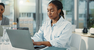 Buy stock photo Financial advisor, laptop and woman in office, connection and research for profit growth. People, investor or employee with pc, website info or email for trading portfolio, network or online reading