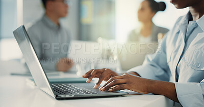 Buy stock photo Hands, typing or person in office with laptop, networking or schedule update for meeting. Flare, research or business consultant in agency with tech, report draft or stakeholder chat on email.