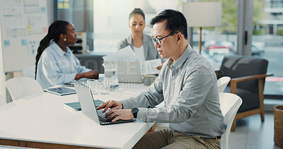 Buy stock photo Project management, coworking or man typing with laptop in office, market research or track progress. Investment strategy, budget proposal or finance team monitor performance, risk planning or tech