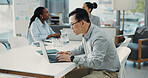 Project management, review or man typing with laptop in office, market research or track progress. Investment strategy, coworking or finance team with tech to monitor performance, risk plan or report