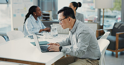 Buy stock photo Project management, review or man typing with laptop in office, market research or track progress. Investment strategy, coworking or finance team with tech to monitor performance, risk plan or report