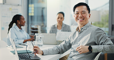 Buy stock photo Portrait, smile and business man in office as financial manager, about us or glasses. Confidence, happy person or mature executive in company, coworking or professional investment advisor with laptop