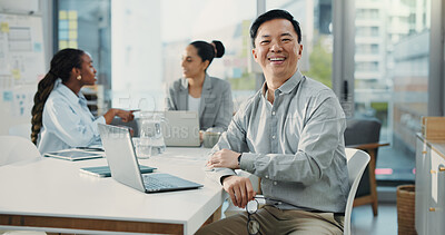 Buy stock photo Portrait, smile and business man in company as financial manager, about us or glasses. Confidence, happy person and mature executive in office, coworking or professional investment advisor in meeting