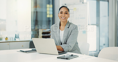 Buy stock photo Business, laptop and smile with woman in company as insurance analyst, about us or opportunity. Computer, employee and portrait of person in office for risk management with policy advisor in Brazil