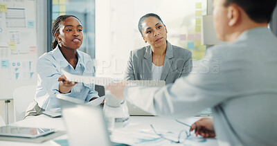 Buy stock photo Business people, documents and meeting with team for proposal, finance or accounting report in office. Group of employees, paperwork and discussion for company revenue, profit or financial growth