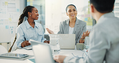 Buy stock photo Business people, laptop and meeting with team for proposal, finance or accounting report in office. Group of employees, paperwork and discussion for company revenue, profit or financial growth