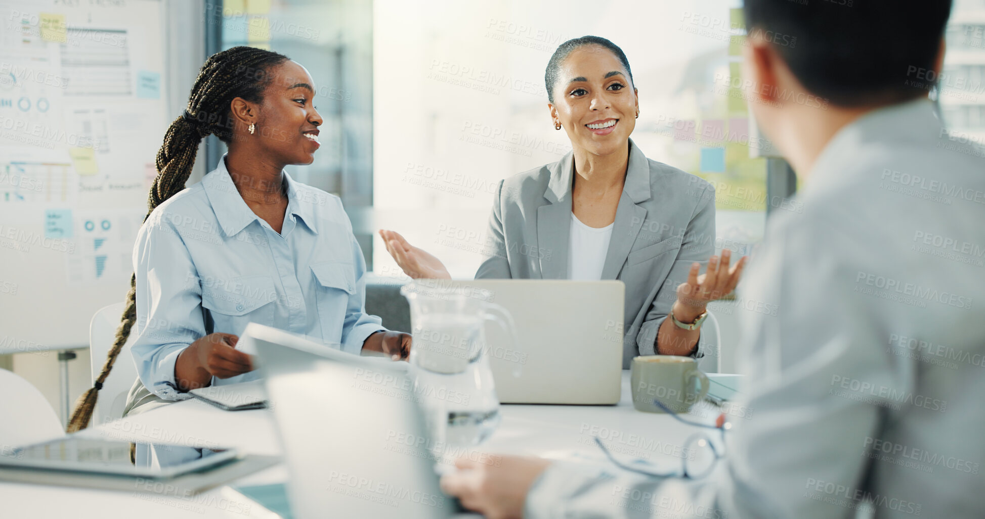 Buy stock photo Business people, laptop and meeting with team for proposal, finance or accounting report in office. Group of employees, paperwork and discussion for company revenue, profit or financial growth