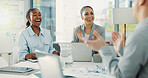 Happy, business people and meeting with applause for winning, success or well done in office. Excited group, employees or colleagues clapping with smile, laptop or documents for project completion