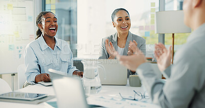 Buy stock photo Happy, business people and meeting with applause for winning, success or well done in office. Excited group, employees or colleagues clapping with smile, laptop or documents for project completion