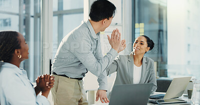 Buy stock photo High five, computer and business people in office with meeting for finance report planning with team. Happy, celebration and financial advisors with investment approval in collaboration in workplace.