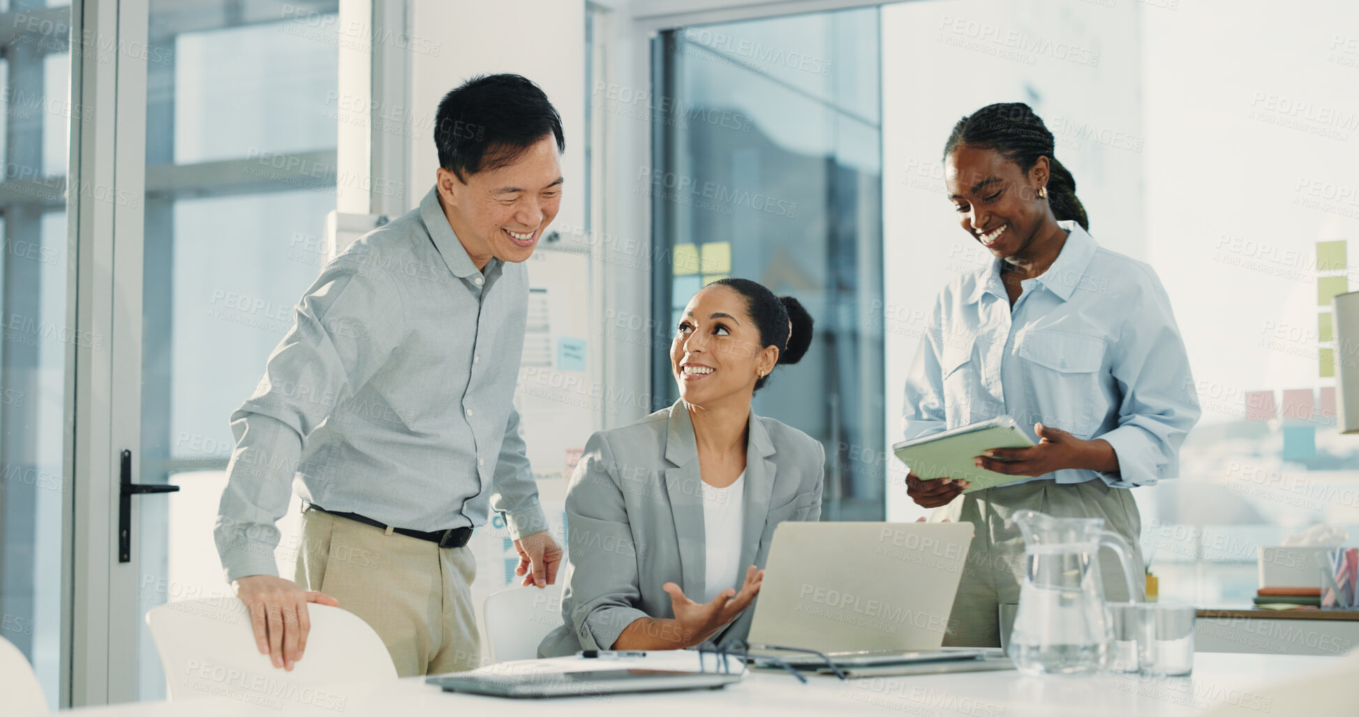 Buy stock photo Discussion, laptop and team with business people in office for research, meeting and account manager. Budget report, collaboration and project evaluation with employees in agency for planning