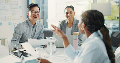 Buy stock photo Meeting, discussion and team with business people in office for research, planning and account manager. Budget graph report, collaboration and project evaluation with employees in agency for review