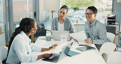 Buy stock photo Business people, meeting or discussion with documents for collaboration, team project or statistics. Group, employees or conversation with paperwork for corporate performance or review in workplace