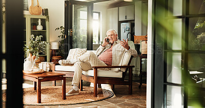 Buy stock photo Senior man, relax and phone call in home for communication, story or chat in retirement. Mobile, smile and elderly person in living room with contact for connection, news or talking with question