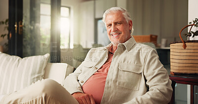 Buy stock photo Relax, smile and portrait of old man on sofa of home for retirement, peace and confidence. Happiness, calm and weekend break with senior person in living room of apartment for positive attitude