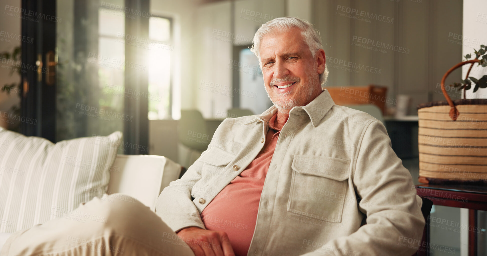 Buy stock photo Relax, smile and portrait of old man on sofa of home for retirement, peace and confidence. Happiness, calm and weekend break with senior person in living room of apartment for positive attitude
