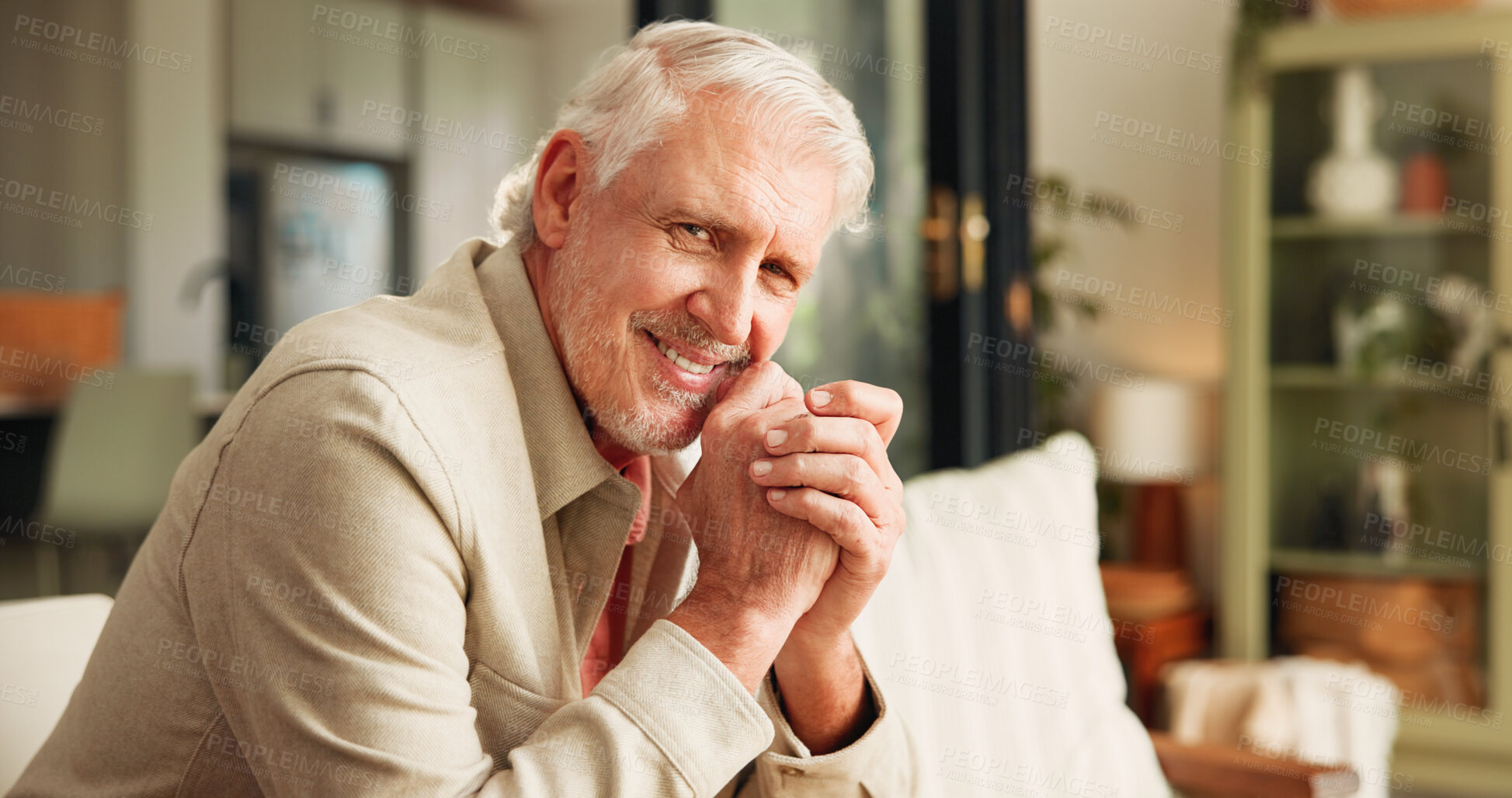 Buy stock photo Calm, smile and portrait of old man on sofa of home for retirement, peace and confidence. Happiness, relax and weekend break with senior person in living room of apartment for positive attitude