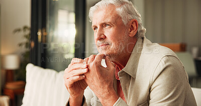 Buy stock photo Thinking, flare and man in home with ring, divorce and issue in marriage affair. Conflict, doubt and mature male person in living room with wedding band, choice and reflection on legal separation.